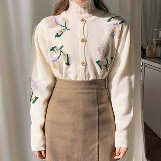 Puff-shoulder Floral Patterned Cardigan