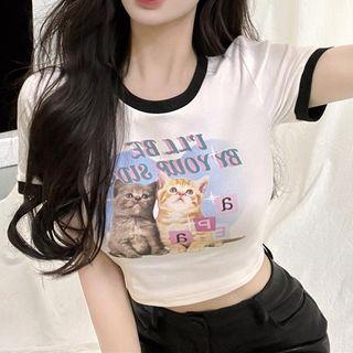 Short-0sleeve Cat Print Crop T-shirt / Camisole Top
