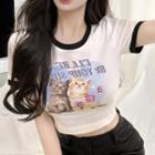 Short-0sleeve Cat Print Crop T-shirt / Camisole Top