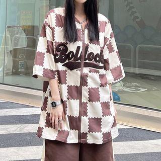 Elbow-sleeve Letter Embroidered Checkered Zipped T-shirt