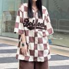 Elbow-sleeve Letter Embroidered Checkered Zipped T-shirt