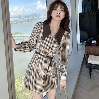 Long-sleeve Gingham Mini Collared Dress