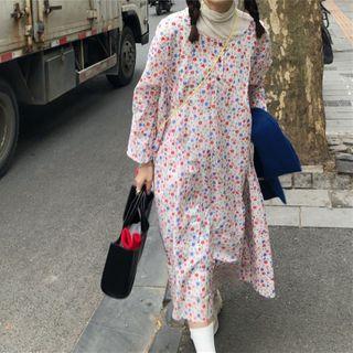 Long-sleeve Flower Print Midi Shift Dress Floral - Red & Purple & Pink - One Size