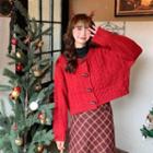 Toggle Knit Cardigan + Patterned Midi Skirt