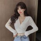 Tie-waist Wrapped Neck Cropped Knit Top