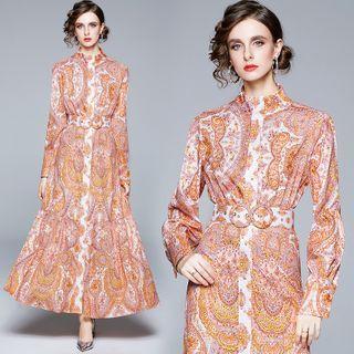 Long-sleeve Buttoned Floral Print A-line Maxi Dress