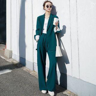 Set: Plain Wrapped Blazer + Wide-leg Pants