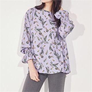 Round-neck Ruffle-cuff Patterned Top