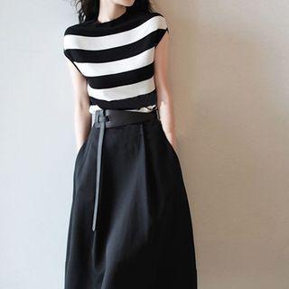 Set: Cap-sleeve Striped Top + Skirt