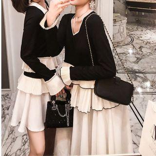 Long-sleeve Two-tone Layered Dress