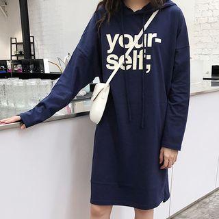 Hooded Lettering Long-sleeve T-shirt Dress Dark Blue - One Size