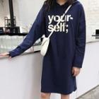 Hooded Lettering Long-sleeve T-shirt Dress Dark Blue - One Size