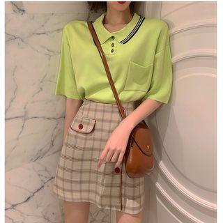 Short-sleeve Knit Polo Shirt / Plaid A-line Skirt
