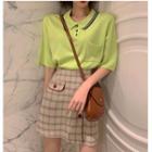 Short-sleeve Knit Polo Shirt / Plaid A-line Skirt