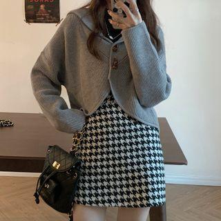 Hood Toggle Cardigan / Houndstooth A-line Skirt