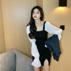 Long-sleeve Two-tone A-line Dress Black & White - One Size