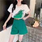 Short-sleeve Graphic Print Bow T-shirt / Shorts / Belt / Set