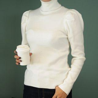 Puff-shoulder Turtleneck Knit Top