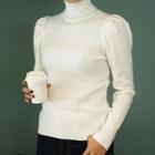 Puff-shoulder Turtleneck Knit Top