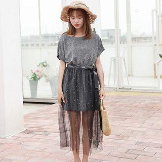 Set: Glittered Short-sleeve T-shirt Dress + Embellished Mesh Midi Skirt