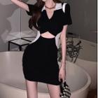 Short-sleeve V-neck Color-block Cut-out Mini Dress