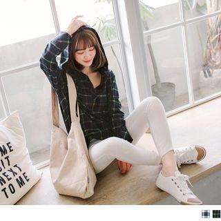 V-neck Plaid Hooded Top