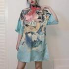3/4-sleeve Frog Buttoned Printed Mini Dress As Shown In Figure - One Size