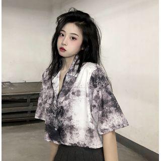 Short-sleeve Tie Dye Crop Shirt Tie Dyed - Black & Gray & White - One Size