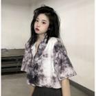 Short-sleeve Tie Dye Crop Shirt Tie Dyed - Black & Gray & White - One Size