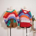 Long-sleeve Ripped Color Block Knit Top