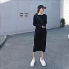 Ribbed Knit Midi A-line Dress Black - One Size