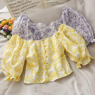 Eyelet Boatneck Embroidered Crop Top