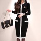 Long-sleeve Contrast Trim Midi Sheath Knit Dress Black - One Size