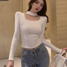 Halter-neck Long-sleeve Plain Top