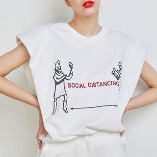 Lettering Print Padded-shoulder Crop Tank Top