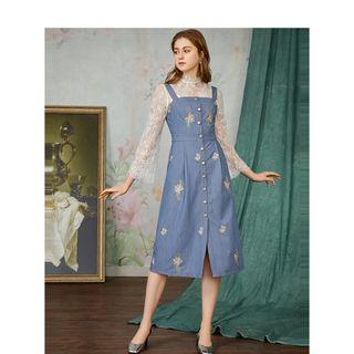 Embroidered Strappy Midi Denim Dress