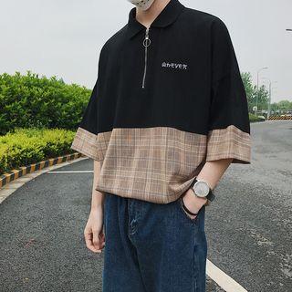 Plaid Panel Short-sleeve Half-zip Polo Shirt
