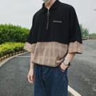 Plaid Panel Short-sleeve Half-zip Polo Shirt