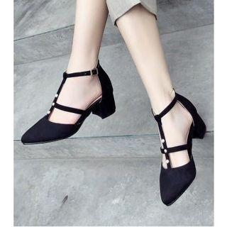 Faux Suede Beaded T-strap Block Heel Pumps