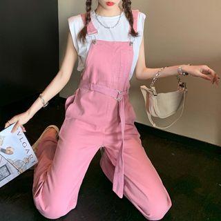 Plain Tank Top / Tie Waist Denim Jumper Pants