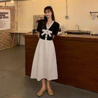 V-neck Short-sleeve Bow Shirt / Plain High-waist A-line Skirt