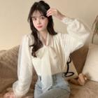Long-sleeve Bow-tie Lace Blouse Almond - One Size