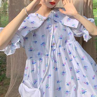 Puff-sleeve Floral Print Collared A-line Dress Pink Floral - White - One Size