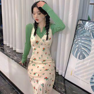 Ribbed Knit Top / Floral Print Midi Overall Dress