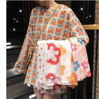 Long-sleeve Floral Mesh T-shirt