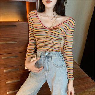 Long-sleeve Rainbow Striped V-neck Top