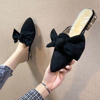 Faux Pearl Low Heel Fluffy Bow Mules