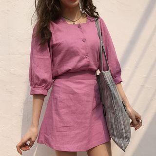 Set: Plain Elbow-sleeve Blouse + High Waist A-line Skirt