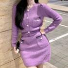Long-sleeve Cropped Button-up Knit Top / Mini Skirt