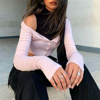 Set: Turtleneck Tank Top + Off-shoulder Cropped Cardigan